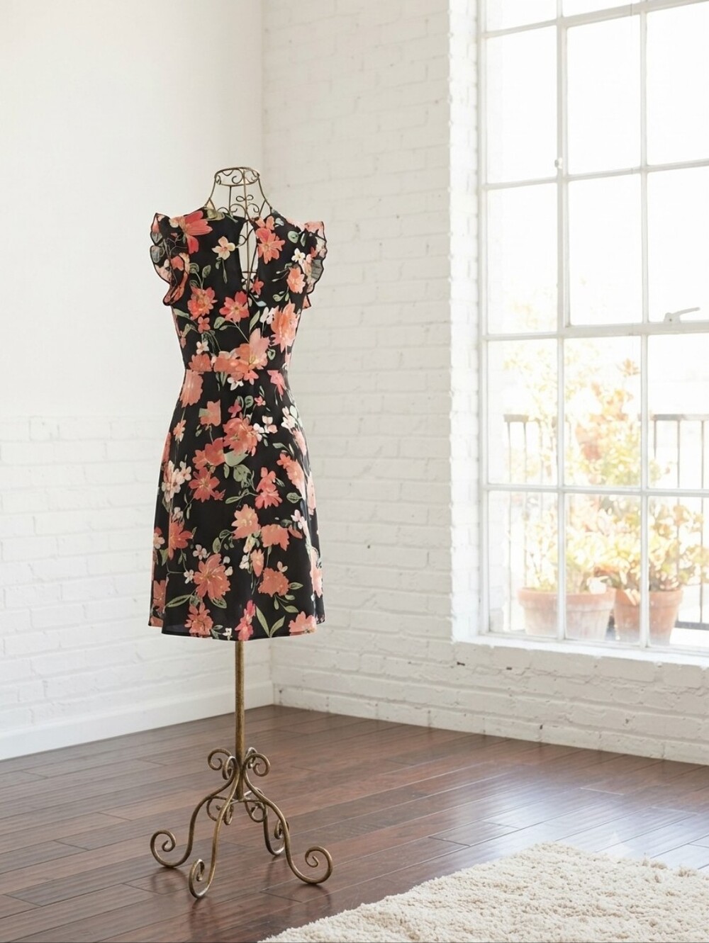 Floral Flutter-Sleeve Midi Dress - Black with Coral Floral